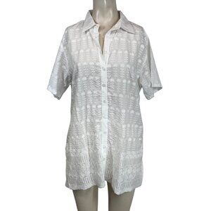 SAKKAS - WOMEN'S XL - WHITE FLORAL  SHORT SLEEVE COLLARED BUTTON UP TOP SHIRT